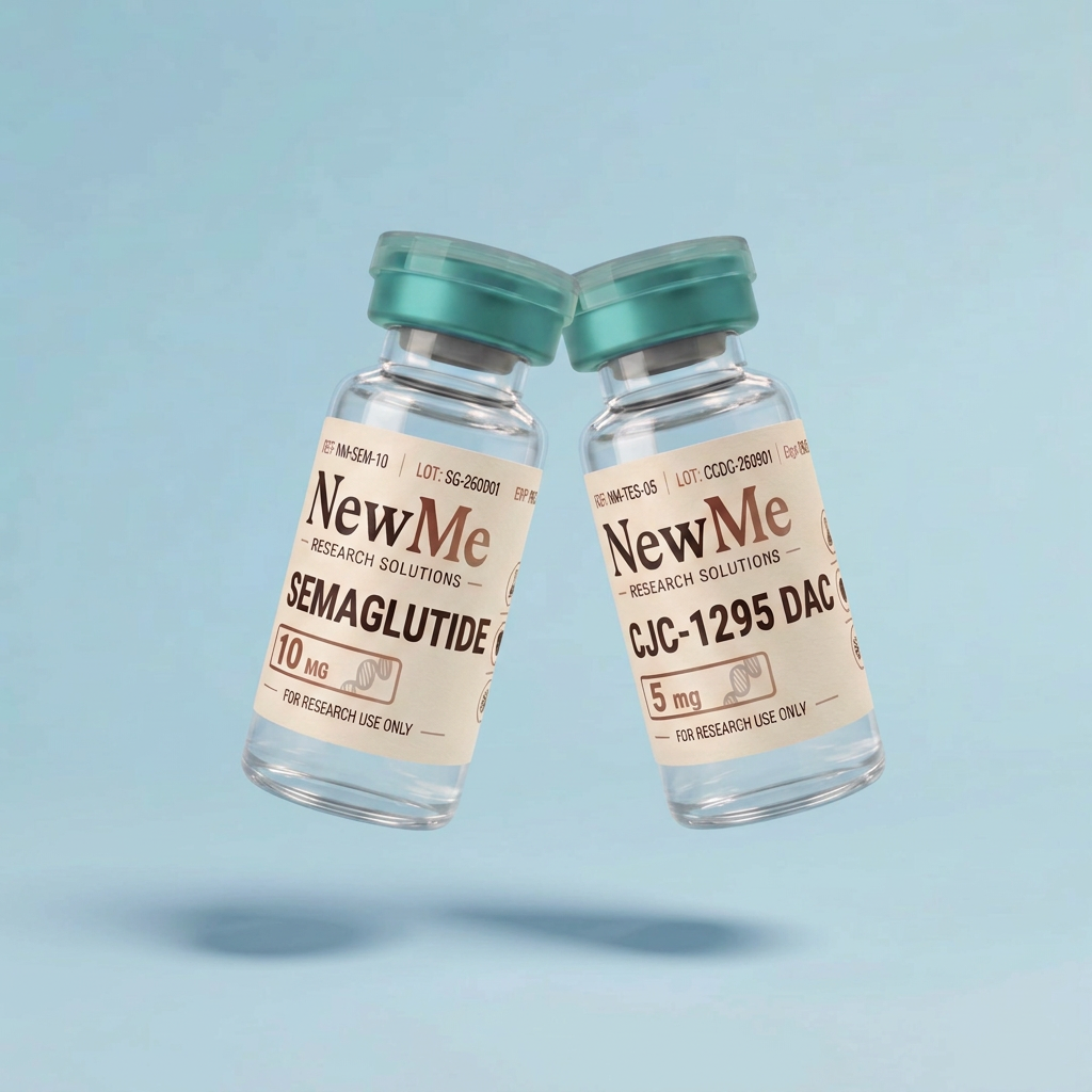 NewMe Semaglutide and CJC-1295 DAC research vials clinking together
