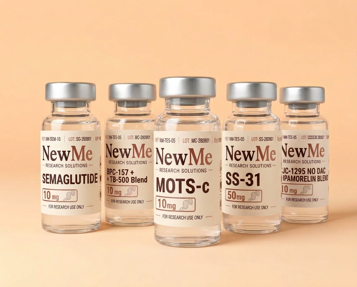 Five NewMe research peptide vials, research use only